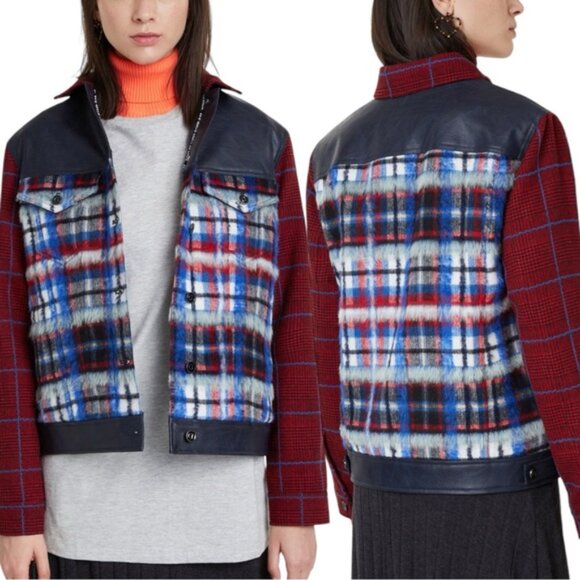 Desigual Ingrid Trucker Jacket US L Plush Tartan Faux Leather Trim Blue - Picture 16 of 16